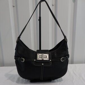 Lauren Ralph Lauren Y2K Black Leather Small Hobo Bag Silver Turnlock Lined EUC